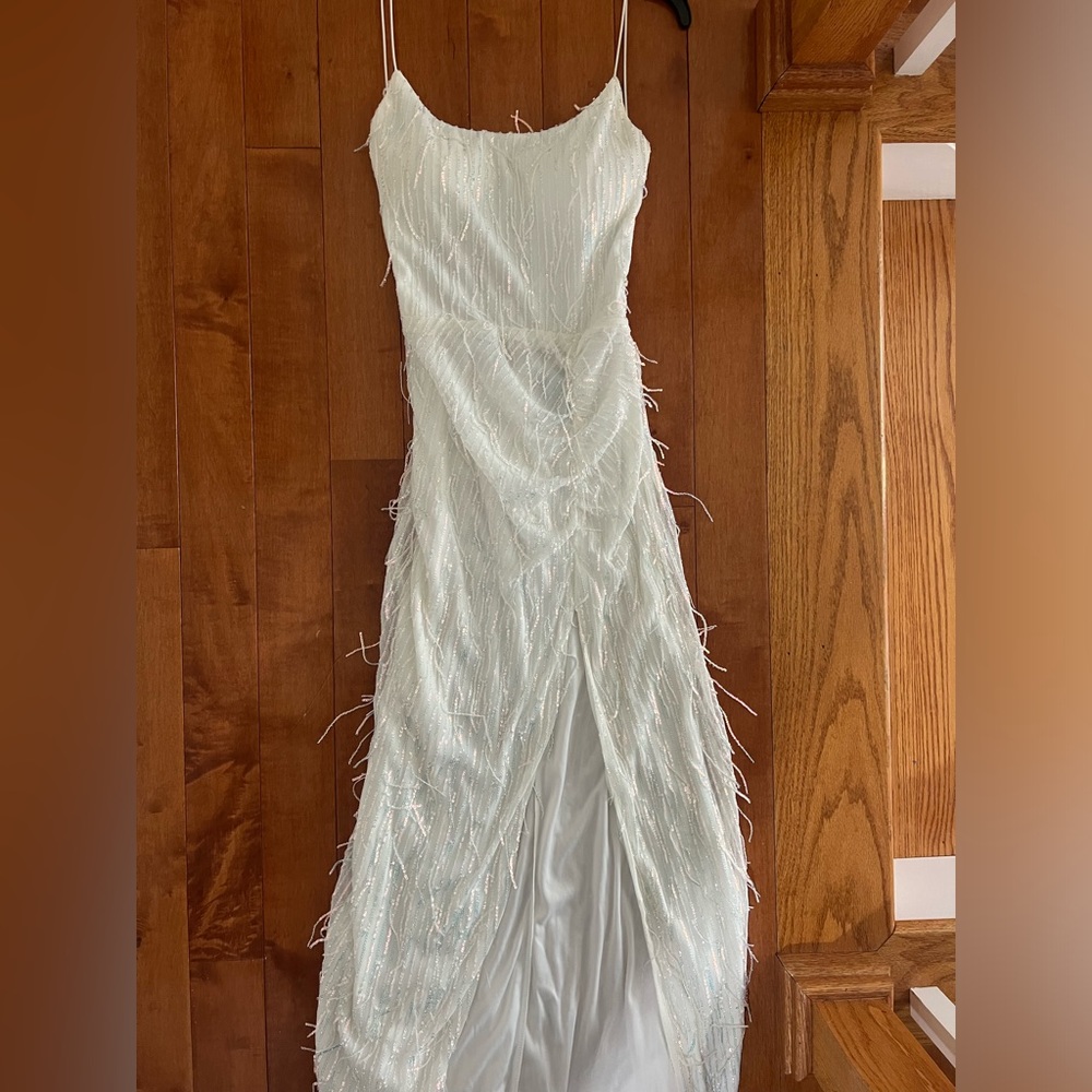 B. Darlin White Sequin Fringe Formal Dress